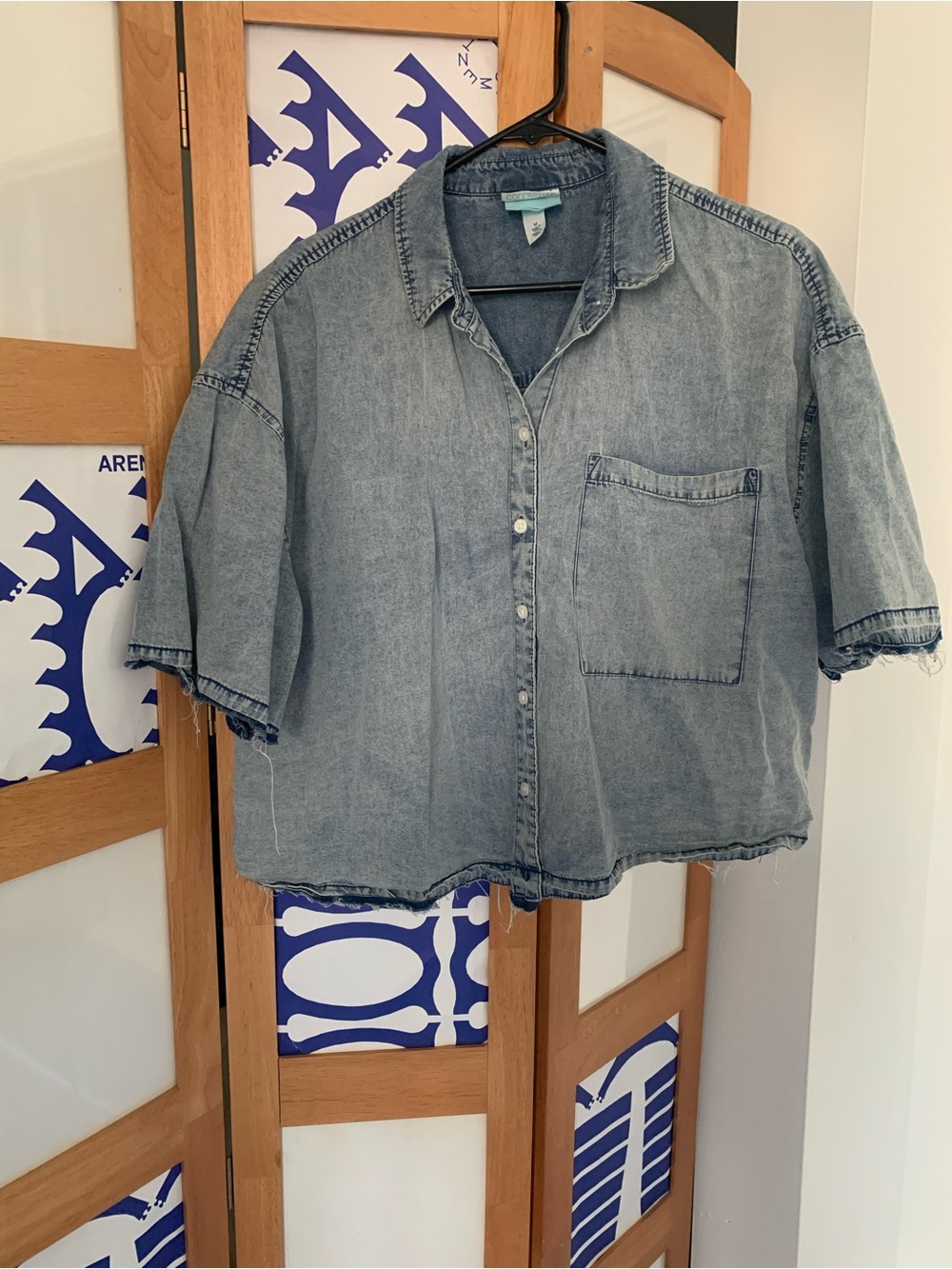 Boxy Washed Denim Button-Up Shirt - Light Blue